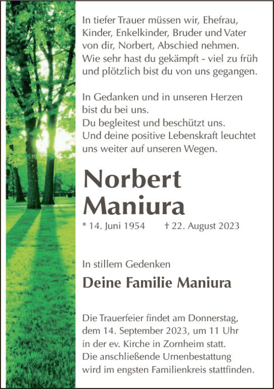 Traueranzeige von Norbert Maniura von Wiesbadener Kurier