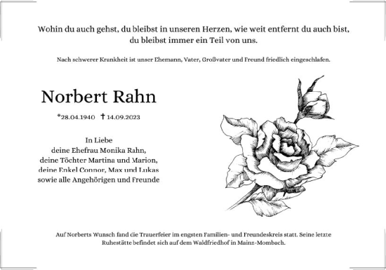 Traueranzeige von Norbert Rahn von Allgemeine Zeitung Bingen/Ingelheim