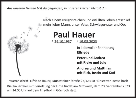 Traueranzeige von Paul Hauer von Wiesbadener Kurier