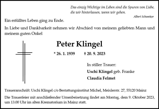 Traueranzeige von Peter Klingel von Allgemeine Zeitung Mainz