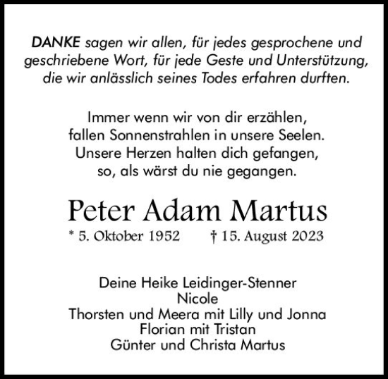 Traueranzeige von Peter Adam Martus von Allgemeine Zeitung Mainz