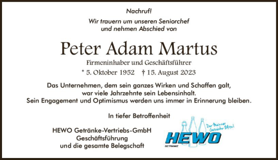 Traueranzeige von Peter Adam Martus von Allgemeine Zeitung Mainz