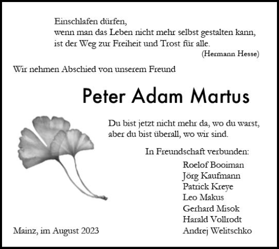 Traueranzeige von Peter Adam Martus von Allgemeine Zeitung Mainz