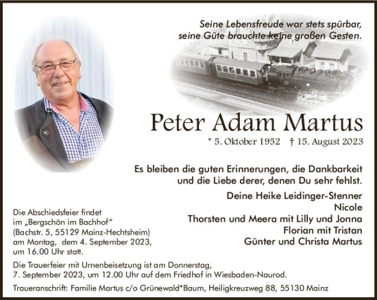 Traueranzeige von Peter Adam Martus von Allgemeine Zeitung Mainz