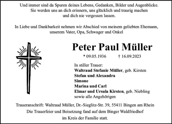 Traueranzeige von Peter Paul Müller von Allgemeine Zeitung Bingen/Ingelheim