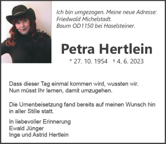 Traueranzeige von Petra Hertlein von Allgemeine Zeitung Mainz