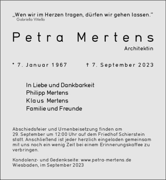 Traueranzeige von Petra Mertens von Wiesbadener Kurier