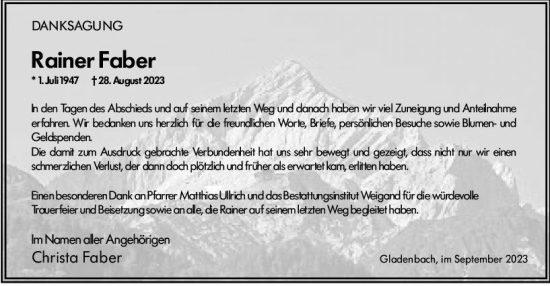 Traueranzeige von Rainer Faber von Hinterländer Anzeiger