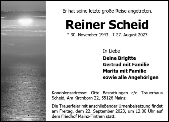 Traueranzeige von Reiner Scheid von Allgemeine Zeitung Mainz