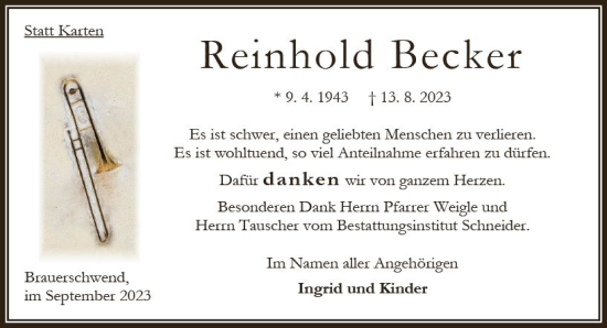 Traueranzeige von Reinhold Becker von Oberhessen Kurier