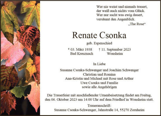 Traueranzeige von Renate Csonka von Allgemeine Zeitung Alzey