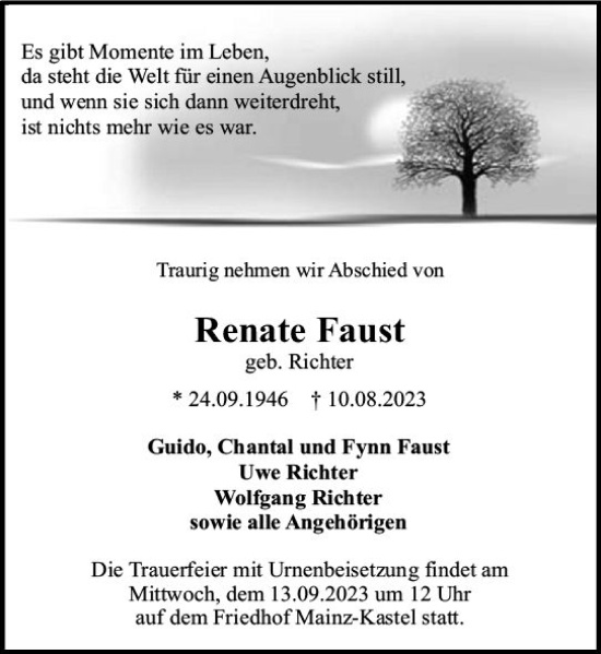 Traueranzeige von Renate Faust von Wiesbadener Kurier