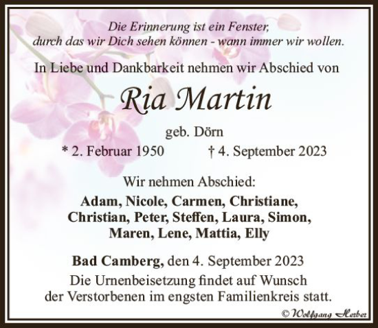 Traueranzeige von Ria Martin von Camberger Anzeiger