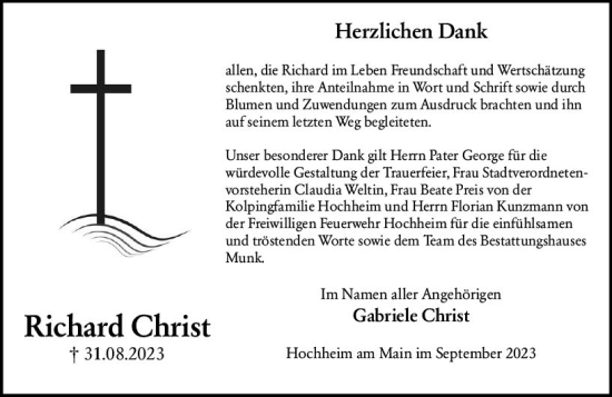 Traueranzeige von Richard Christ von Hochheimer Zeitung