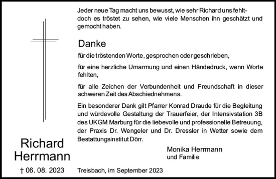 Traueranzeige von Richard Herrmann von Hinterländer Anzeiger