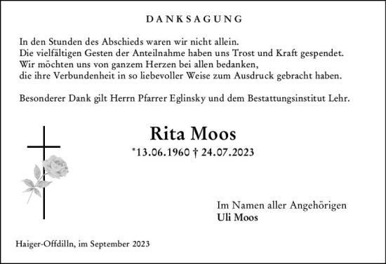 Traueranzeige von Rita Moos von Dill Block