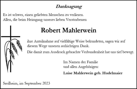 Traueranzeige von Robert Mahlerwein von Allgemeine Zeitung Alzey