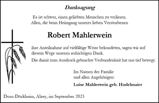 Traueranzeige von Robert Mahlerwein von Allgemeine Zeitung Alzey