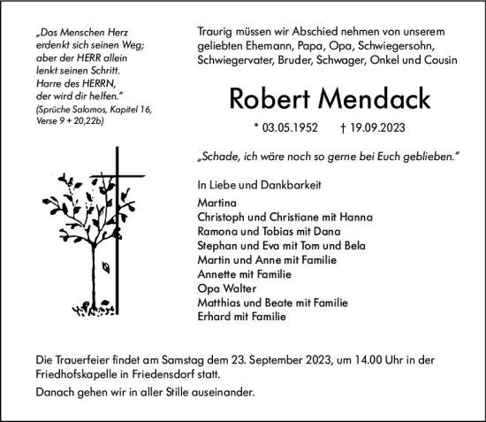 Traueranzeige von Robert Mendack von Hinterländer Anzeiger
