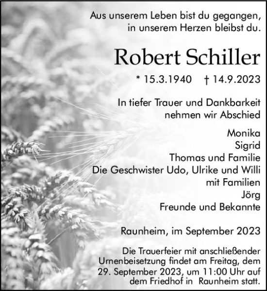 Traueranzeige von Robert Schiller von Rüsselsheimer Echo