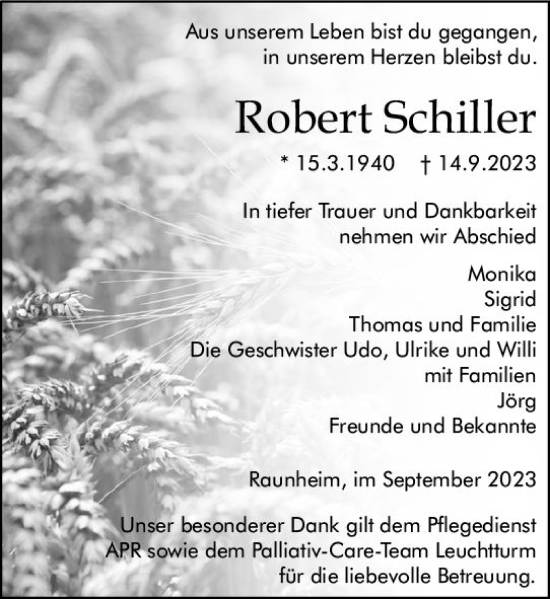 Traueranzeige von Robert Schiller von Rüsselsheimer Echo