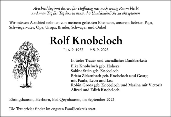 Traueranzeige von Rolf Knobeloch von Wetzlarer Neue Zeitung