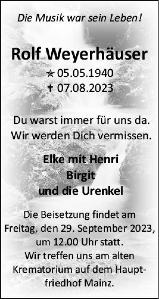 Traueranzeige von Rolf Weyerhäuser von Allgemeine Zeitung Mainz Traueranzeige von Rolf Weyerhäuser von Allgemeine Zeitung Mainz