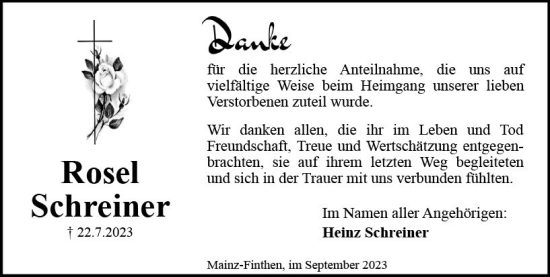 Traueranzeige von Rosel Schreiner von Allgemeine Zeitung Mainz