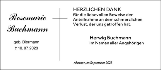 Traueranzeige von Rosemarie Buchmann von Weilburger Tageblatt