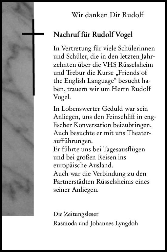 Traueranzeige von Rudolf Vogel von Rüsselsheimer Echo