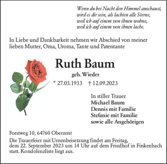 Traueranzeige von Ruth Baum von Odenwälder Echo