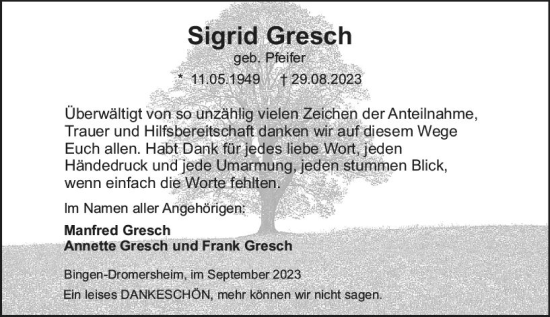 Traueranzeige von Sigrid Gresch von Allgemeine Zeitung Bingen/Ingelheim