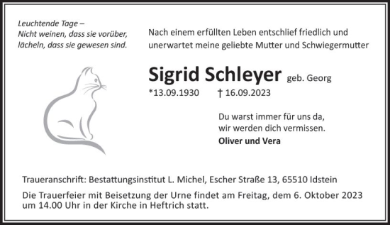 Traueranzeige von Sigrid Schleyer von Idsteiner Land/Untertaunus