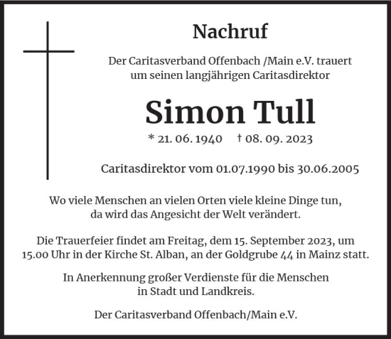 Traueranzeige von Simon Tull von Allgemeine Zeitung Mainz