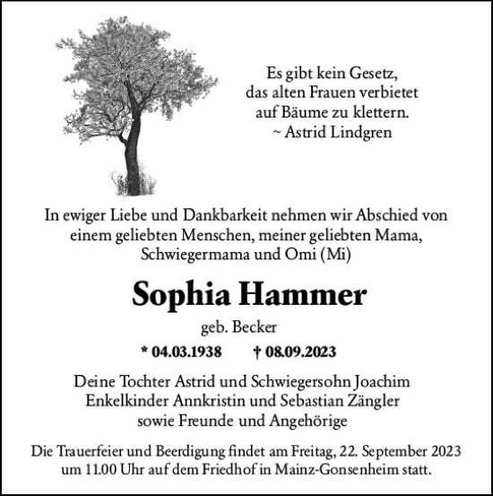 Traueranzeige von Sophia Hammer von Allgemeine Zeitung Mainz