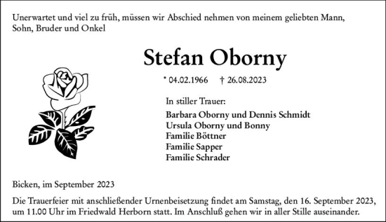 Traueranzeige von Stefan Oborny von Dill Block