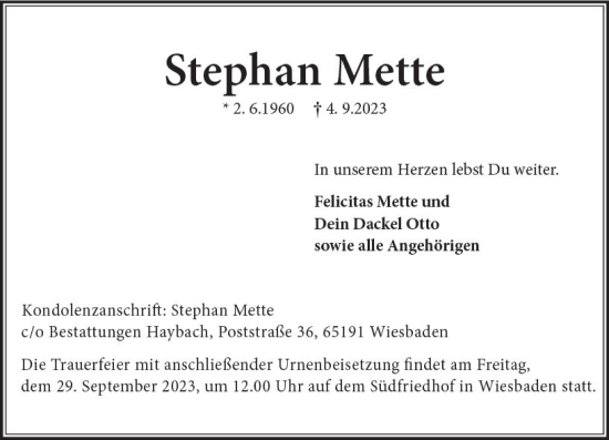 Traueranzeige von Stephan Mette von Wiesbadener Kurier