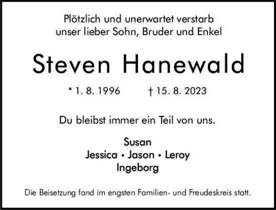 Traueranzeige von Steven Hanewald von Allgemeine Zeitung Mainz