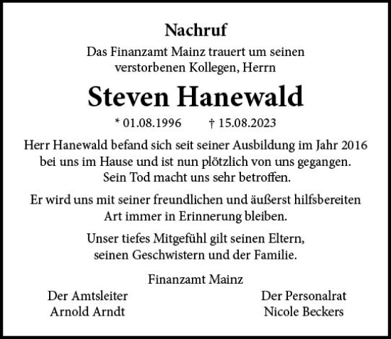 Traueranzeige von Steven Hanewald von Allgemeine Zeitung Mainz