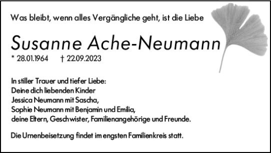 Traueranzeige von Susanne Ache-Neumann von Wetzlarer Neue Zeitung