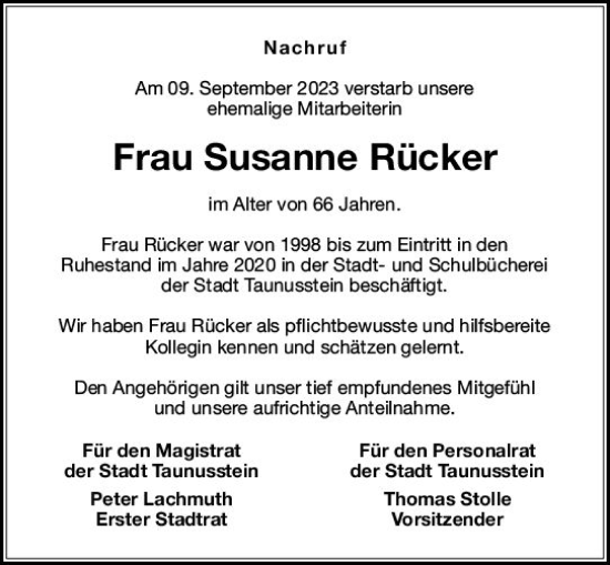 Traueranzeige von Susanne Rücker von Idsteiner Land/Untertaunus