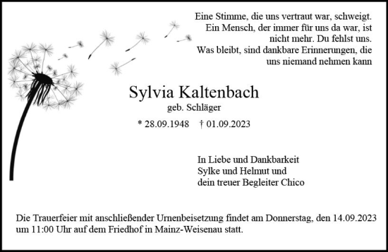 Traueranzeige von Sylvia Kaltenbach von Allgemeine Zeitung Mainz