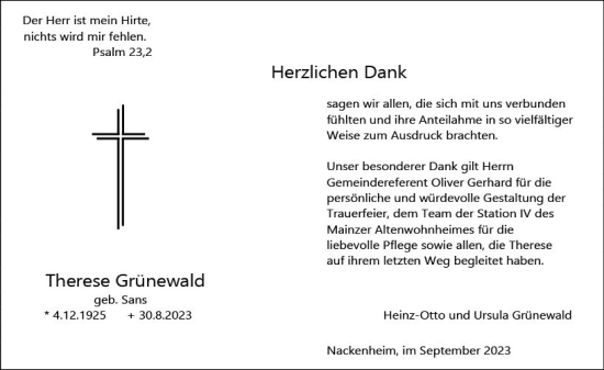 Traueranzeige von Therese Grünewald von Allgemeine Zeitung Mainz