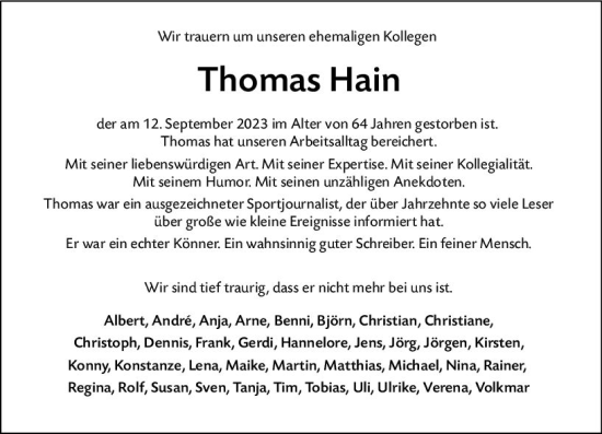 Traueranzeige von Thomas Hain von Dill Block