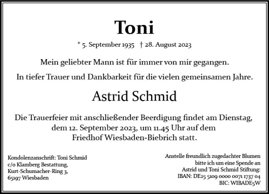 Traueranzeige von Toni  von Wiesbadener Kurier