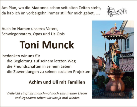 Traueranzeige von Toni Munck von Hochheimer Zeitung