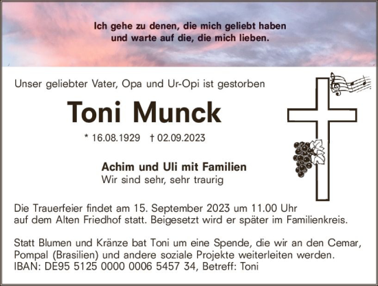 Traueranzeige von Toni Munck von Hochheimer Zeitung