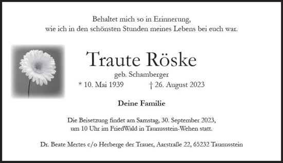 Traueranzeige von Traute Röske von Wiesbadener Kurier