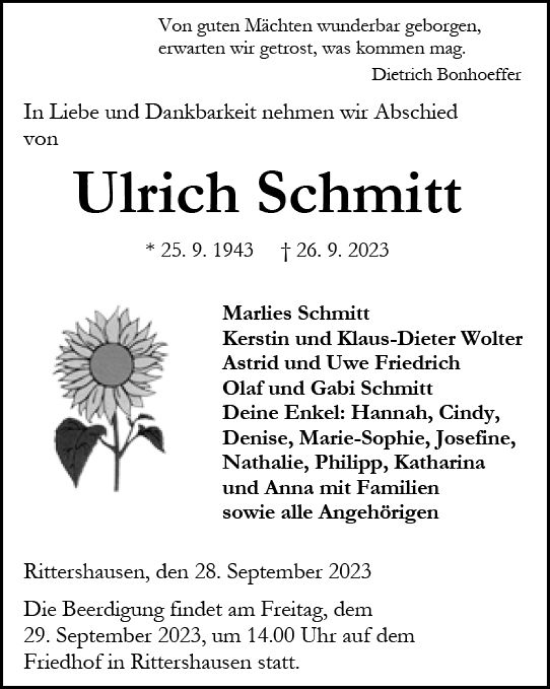 Traueranzeige von Ulrich Schmitt von Dill Block