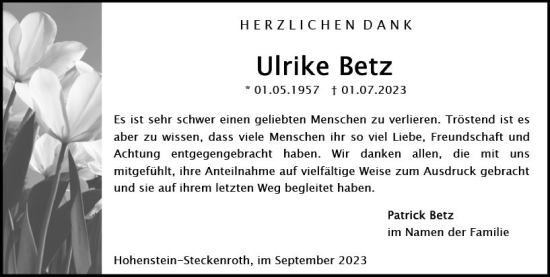 Traueranzeige von Ulrike Betz von Wiesbadener Kurier